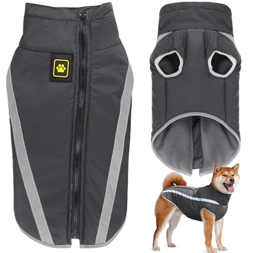 Dolahovy wasserdichte Hundemäntel, Winter Haustier Warme Jacken Hunde Mäntel Hunde Kleidung Reflektierende Kleidung Welpen Weste mit Harness Loch für kleine mittlere große Hund (Schwarz, 2XL) von Dolahovy