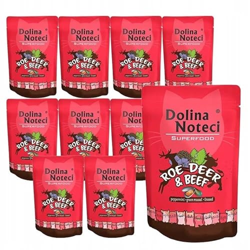 Dolina Noteci Superfood Nassfutter für Katzen Getreidefrei mit Hirsch- und Rindfleisch 10 Portionsbeutel (10 x 85 g) von DOLINA NOTECI