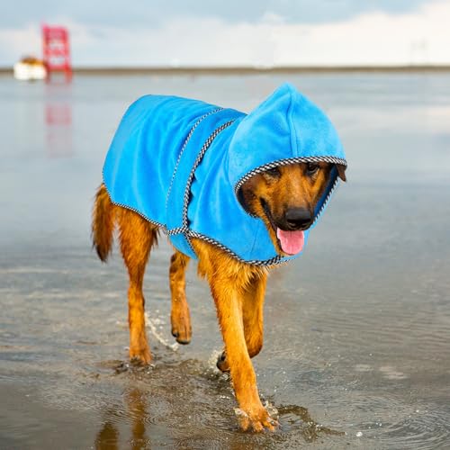 Dolitego Modischer Hunde-Bademantel mit Kapuze, super saugfähig, schnell trocknend, weiche Mikrofaser, Haustierpflege, Bademäntel, hält Ihren Hund gemütlich und trocken, Blau, Größe XXL von Dolitego