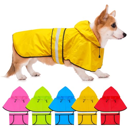 Dolitego Wasserdichter Verstellbarer Hunderegenmantel - Reflektierende Hunderegenjacke mit Hoodie, Leichter Hund Regenmantel Hundeponcho Zupfer für Kleine Mittlere und Große Hunde (Medium, Gelb) von Dolitego