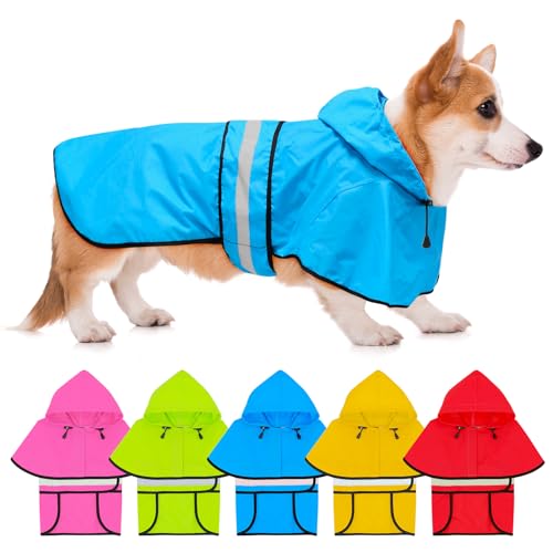 Dolitego Wasserdichter verstellbarer Hunderegenmantel - Reflektierende Hunderegenjacke mit Hoodie, Leichter Hunde-Regenmantel Hundeponcho Zupfer für Kleine Mittlere und Große Hunde (Klein, Blau) von Dolitego