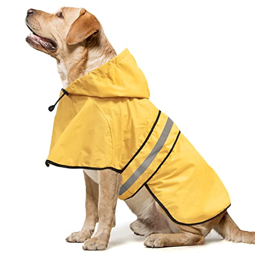 Domagiker Reflektierender wasserdichter Hunderegenmantel - Leichte Hunderegenjacke mit Kapuze, verstellbarer Hunderegenmantel Hundeponcho Slicker für Spaziergänge mit dem Hund (groß, Gelb) von Domagiker