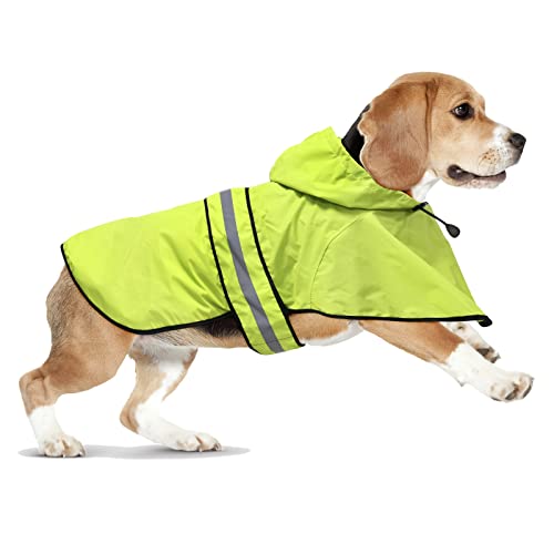 Domagiker Verstellbarer Hunde-Regenmantel mit Kapuze,Wasserdichter leichter Zupfponcho, Sicherheits-Hunde-Regenjacke mit Reflektorstreifen und Leinenloch für kleine, große Hunde (Medium, Grün) von Domagiker