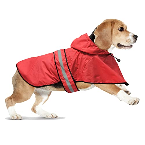 Domagiker Verstellbarer Hunde-Regenmantel mit Kapuze,Wasserdichter leichter Zupfponcho, Sicherheits-Hunde-Regenjacke mit reflektierendem Streifen und Leinenloch für kleine, große Hunde (Medium, Rot) von Domagiker