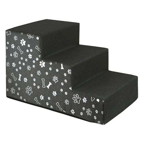 Domarex Haustiertreppe Hundetreppe Treppenstufen für Hunde – Hunderampe - Für Betten und Sofas - Wasserdichtes Polyester-Gewebe - Rampe mit 3 Stufen 30x50x30 cm, L Grau + Pfoten und kleine Knochen von Domarex