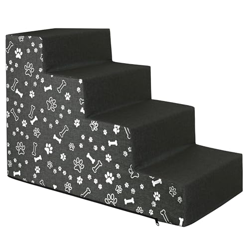 Domarex Haustiertreppe Hundetreppe Treppenstufen für Hunde – Hunderampe - Für Betten und Sofas - Wasserdichtes Polyester-Gewebe - Rampe mit 4 Stufen 30x60x40 cm, L Grau + Pfoten und kleine Knochen von Domarex