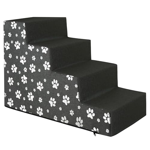 Domarex Haustiertreppe Hundetreppe Treppenstufen für Hunde – Hunderampe - Für Betten und Sofas - Wasserdichtes Polyester-Gewebe - Rampe mit 4 Stufen 30x60x40 cm, L Grau + Pfoten von Domarex