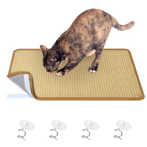 Domkan Kratzmatte Katze, Sisal Teppich Katzen 60x40cm, Kratzteppich Katze rutschfest, Sisalmatte fur Katzen mit Klettverschlus, Katzenkratzmatte für Sofa Möbel Tür Kratzschutz, Beige, mit 4 Twist Pins von Domkan