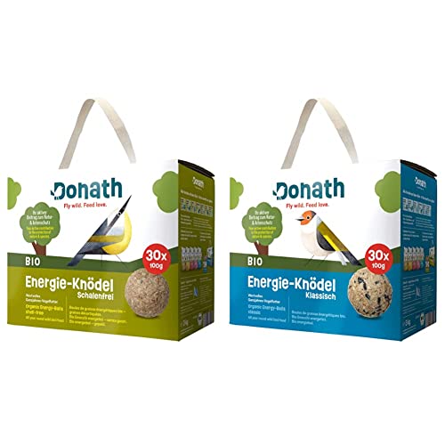 Donath BIO Energie-Knödel schalenlos, ohne Netz - 30 Meisenknödel ohne Netz im Karton (30 x 100g) - Schalenfrei - wertvolles Ganzjahres Wildvogelfutter & Donath BIO Energie-Knödel klassisch, ohne Netz von Donath