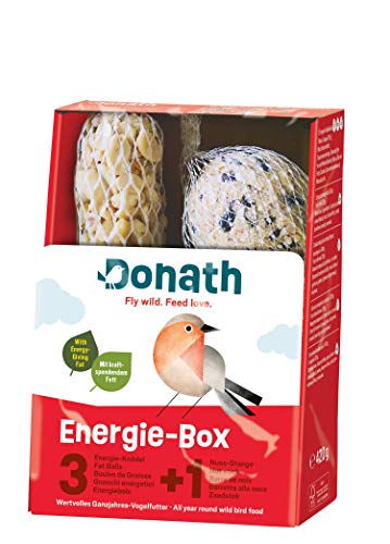 Donath Energie-Box 3+1-3 Meisenknödel im Netz a 100g und 1 Nussstange a 120g - viel Abwechslung - wertvolles Ganzjahres Wildvogelfutter - aus unserer Manufaktur in Süddeutschland von Donath