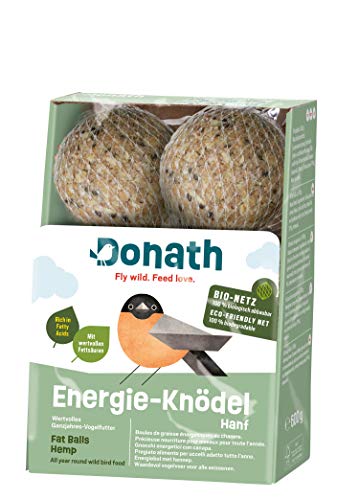 Donath Energie-Knödel Hanf im Bio-Netz - Meisenknödel im Bio-Netz - 100g je Knödel - Extraportion Hanfsamen - wertvolles Ganzjahres Wildvogelfutter - unsere Manufaktur in Süddeutschland - 6er Karton von Donath