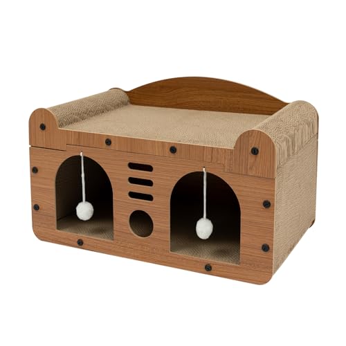 Donened - Kratzbrett für Katzen, 2 Schicht Kratzpappe Katzenhaus mit Höhle & Spielball, Kratzpad Lounge, Katzenspielzeug Kratzmatte für Indoor Katzen, Braun (56 x 30x 30cm) von Donened