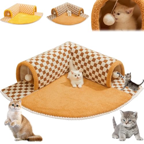 Cat Tunnel Bed for Indoor Cats, 2025 New 2 in 1 Cat Tunnel Bed Rug, with Cushion Mat and Plush Ball, Detachable & Washable Pet Bed and Play Tunnel, Non-Slip Bottom (Brown) von Donubiiu