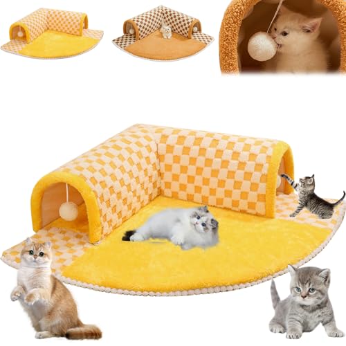 Cat Tunnel Bed for Indoor Cats, 2025 New 2 in 1 Cat Tunnel Bed Rug, with Cushion Mat and Plush Ball, Detachable & Washable Pet Bed and Play Tunnel, Non-Slip Bottom (Yellow) von Donubiiu