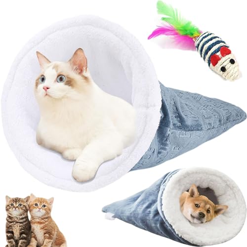 Donubiiu Cat Winter Sleeping Bag, Cat Sleeping Bag for Indoor Cats, Soft Plush Large Cat Sack Self Warm Cat Bed, 360° Warm Semienclosed Cat Sleeping Bag Bed with Cave (Blue 1PCS) von Donubiiu