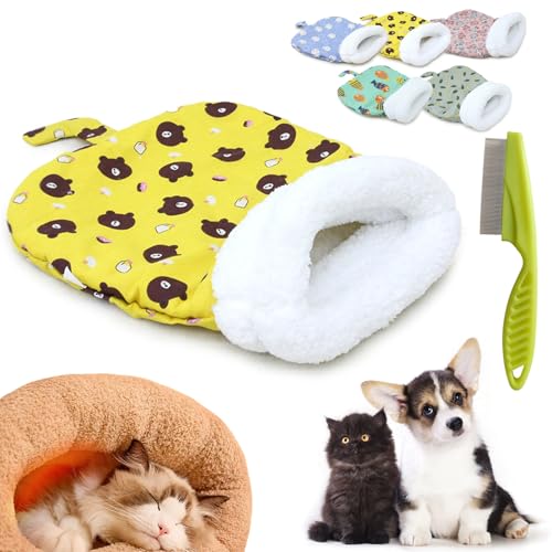 Donubiiu Cat Winter Sleeping Bag, Cat Sleeping Bag for Indoor Cats, Winter Warm Sleeping Bag, Plush Soft Pet Bed, 360° Wrap Comfortable Pet Sleeping Sack Cats up to 6kg (Yellow) von Donubiiu