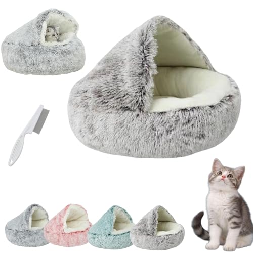 Donubiiu Lapcatz Nest Bed, Lapcatz Bed, Semi Enclosed Pet Nest, Covered Warm Cat Bed, Cat Bed Round Plush Fluffy Hooded Calming Cat Bed Cave (40cm/15.7in,Brown Long Velvet) von Donubiiu