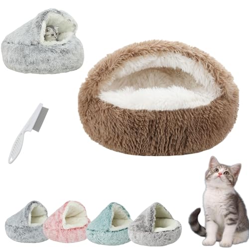 Donubiiu Lapcatz Nest Bed, Lapcatz Bed, Semi Enclosed Pet Nest, Covered Warm Cat Bed, Cat Bed Round Plush Fluffy Hooded Calming Cat Bed Cave (40cm/15.7in,Coffee Long Velvet) von Donubiiu