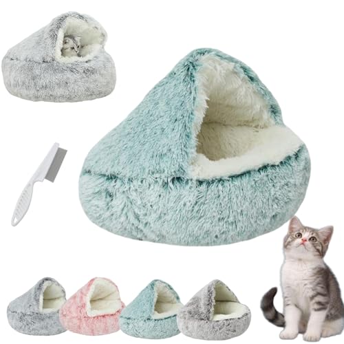 Donubiiu Lapcatz Nest Bed, Lapcatz Bed, Semi Enclosed Pet Nest, Covered Warm Cat Bed, Cat Bed Round Plush Fluffy Hooded Calming Cat Bed Cave (40cm/15.7in,Green Short Velvet) von Donubiiu