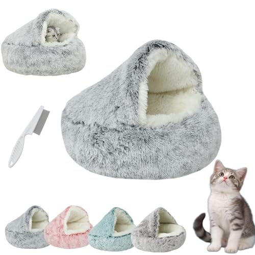 Donubiiu Lapcatz Nest Bed, Lapcatz Bed, Semi Enclosed Pet Nest, Covered Warm Cat Bed, Cat Bed Round Plush Fluffy Hooded Calming Cat Bed Cave (60cm/23.6in,Gray Long Velvet) von Donubiiu