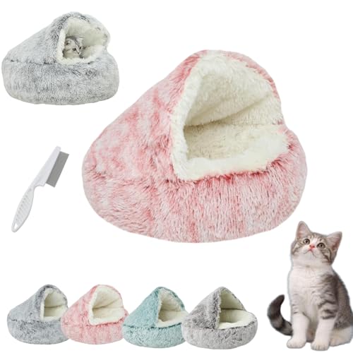 Donubiiu Lapcatz Nest Bed, Lapcatz Bed, Semi Enclosed Pet Nest, Covered Warm Cat Bed, Cat Bed Round Plush Fluffy Hooded Calming Cat Bed Cave (60cm/23.6in,Pink Long Velvet) von Donubiiu