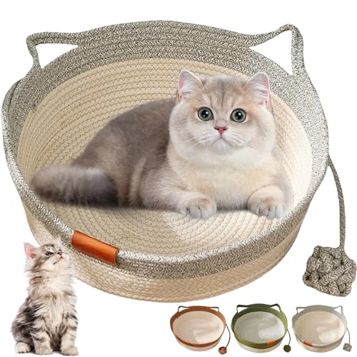 Donubiiu Virelapets Woven Rope Cat Basket,2025 New Virelapets Katzenbett with Built-In Mat & Play Ball,42/48cm Cat Bed for Cats Small Medium Dogs Hand Woven Cat Basket (Gray A,42 cm) von Donubiiu