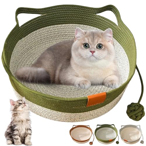 Donubiiu Virelapets Woven Rope Cat Basket,2025 New Virelapets Katzenbett with Built-In Mat & Play Ball,42/48cm Cat Bed for Cats Small Medium Dogs Hand Woven Cat Basket (Green A,42 cm) von Donubiiu