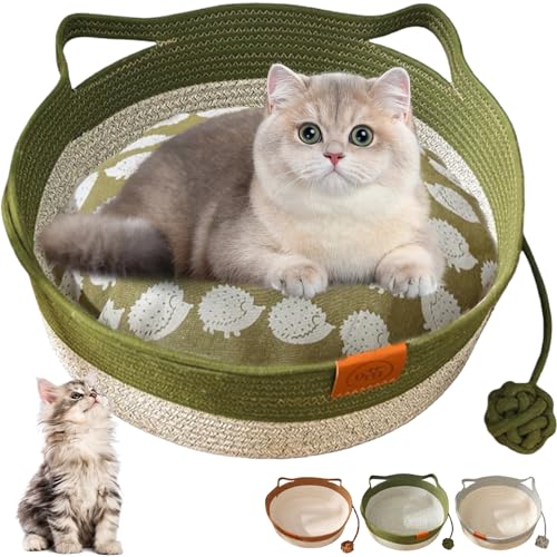 Donubiiu Virelapets Woven Rope Cat Basket,2025 New Virelapets Katzenbett with Built-In Mat & Play Ball,42/48cm Cat Bed for Cats Small Medium Dogs Hand Woven Cat Basket (Green B,42 cm) von Donubiiu