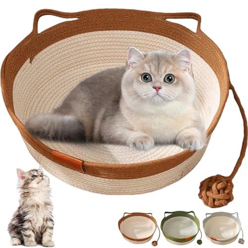 Donubiiu Virelapets Woven Rope Cat Basket,2025 New Virelapets Katzenbett with Built-In Mat & Play Ball,42/48cm Cat Bed for Cats Small Medium Dogs Hand Woven Cat Basket (Khaki A,42 cm) von Donubiiu