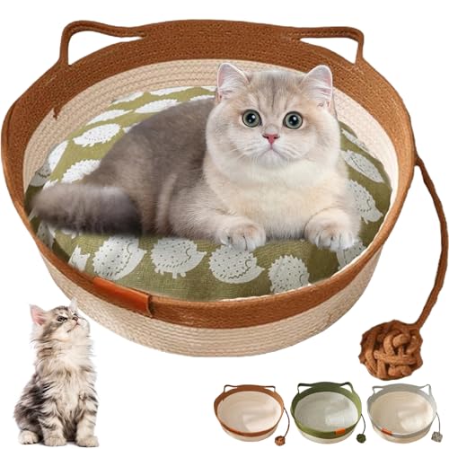 Donubiiu Virelapets Woven Rope Cat Basket,2025 New Virelapets Katzenbett with Built-In Mat & Play Ball,42/48cm Cat Bed for Cats Small Medium Dogs Hand Woven Cat Basket (Khaki B,42 cm) von Donubiiu