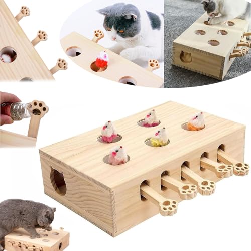 Donubiiu Whack A Mole Cat Toy,Handmade Cat Box Toy/Interaktives Katzenspielzeug Holz,Whack-A-Mole 3-In-1 Cat Scratcher and Toy FüR KäTzchen Hunde Haustiere Im Haus,AktivitäTl Bewegung (5 Holes) von Donubiiu