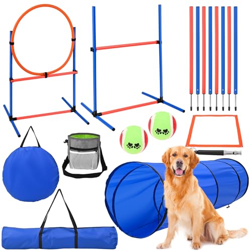 Doovasen Agility Ausrüstungs Set für Hunde Agility Set mit 170CM Hundetunnel, Hindernisse mit Hundetunnel, 8 Slalomstangen, Verstellbare Höhe, Perfekt für den Park, Garten & Asphalt von Doovasen