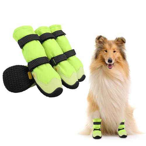 Hundeschuhe,4 Stück Hundeschuhe Pfotenschutz, Kurzer Stil wasserdichte Hundeschuhe Mit Rutschfester Gummisohle und reflektierenden Riemen, Atmungsaktiv Hundestiefel, Dog Shoes (5#) von Dopoy