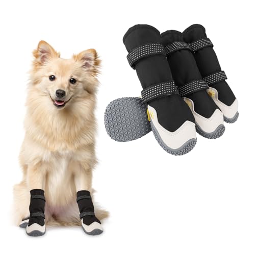 Hundeschuhe,4 Stück Hundeschuhe Pfotenschutz, Kurzer Stil wasserdichte Hundeschuhe Mit Rutschfester Gummisohle und reflektierenden Riemen, Atmungsaktiv Hundestiefel, Dog Shoes (Schwarz&Weiß, 3#) von Dopoy