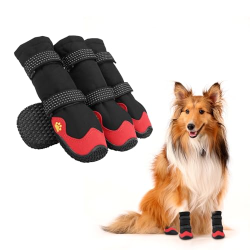 Hundeschuhe Pfotenschutz, 4 Stück Wasserdicht Hundeschuhe mit Rutschfester Sohle und Verstellbarem Reflektierendem Klettverschluss, Hundeschuhe für Mittlere Große Hunde (Rot&Schwarz, L) (6#) von Dopoy