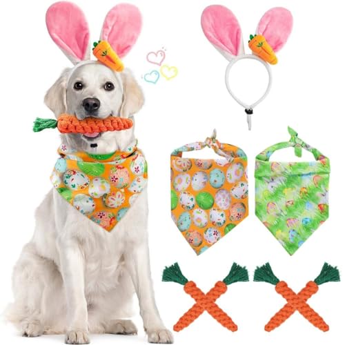 Dorakitten Osterkostüme für Hunde, entzückende Hasenohren, Stirnbänder und niedliches Hunde-Bandana, lustige Karottenform, Zahnreinigung, Kauspielzeug, Geschenke für Haustiere, Hunde, Welpen, 8 Stück von Dorakitten