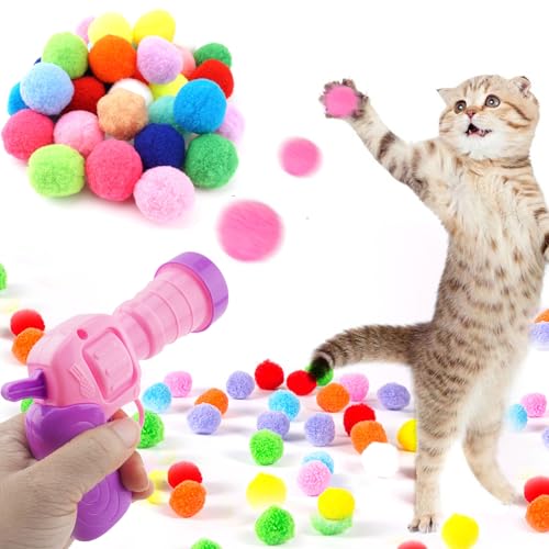 31 Stück Katzenball-Spielzeug-Werferpistole, 30 Stück Plüsch-Bälle Launcher, Katzenspielzeug für Katzen mit 1 Pistole, Katzenapportierspielzeug, Kätzchen-Spielzeug für drinnen, von Dorhui