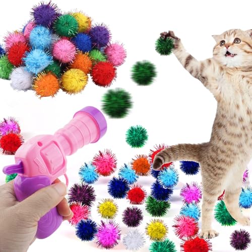 Dorhui Katzenspielzeugbälle mit Launcher-Set, 30 Stück, glitzernde Bommelbälle für Katzen, Katzenspielzeug für Indoor-Katzen, interaktive Glitzer-Bommelbälle für Kitty-Geschenke von Dorhui