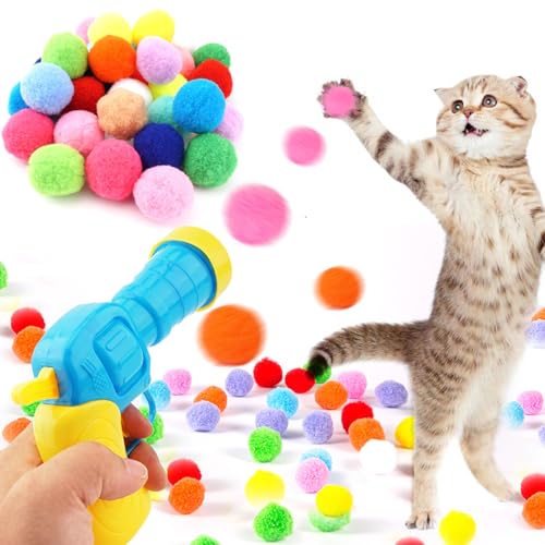 Katzenspielzeug Pistole Launcher, Katzenball Launcher und 30 Stück Katzenspielzeug Bälle, Katze Apportieren Spielzeug Pistole Shooter, Kätzchen Spielzeug für Innen, Plüsch Ball Schießen Gun für Kitty von Dorhui