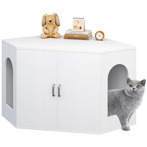Dosker Eck-Katzentoilette Umzäunungsmöbel, versteckte Katzen-Waschraum-Möbel, Katzen-Waschraum, Schrank für große Katze, Katzenhaus mit offenem Regal, Wohnzimmer, Schlafzimmer, 2 Ebenen, Weiß von Dosker