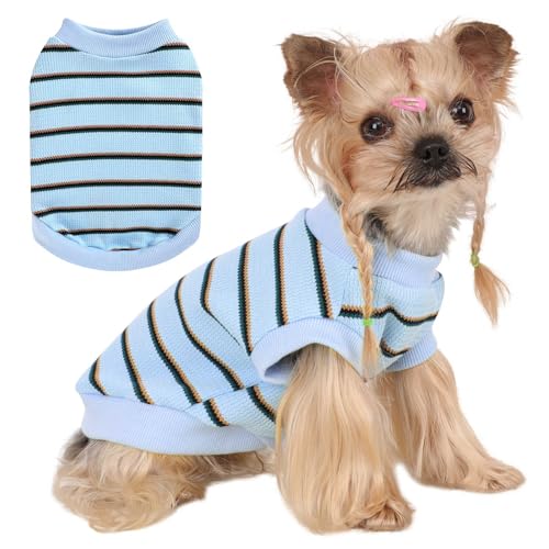 Gestreifte Hunde-Shirts, 100% Baumwolle Weste für kleine Hunde, ärmelloses Tank-Top, Haustierkleidung für Chihuahua, Yorkie, atmungsaktive Kleidung für Welpen, Kätzchen, Katze (Blau, L) von Dosuyi