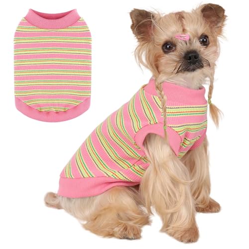 Gestreifte Hunde-Shirts, 100% Baumwolle Weste für kleine Hunde, ärmelloses Tank-Top, Haustierkleidung für Chihuahua, Yorkie, atmungsaktive Kleidung für Welpen, Kätzchen, Katze (Rosa, L) von Dosuyi