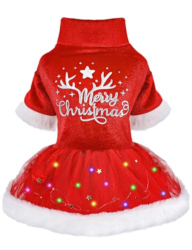 Hunde-Weihnachtskleid Hund Weihnachtspullover Hund Xmas Outfits Hund Tüll Kleid Hund Herbst Kleidung für kleine Hunde Mädchen Leichte Samt Welpenkleider Haustier Katze Bekleidung von Dosuyi