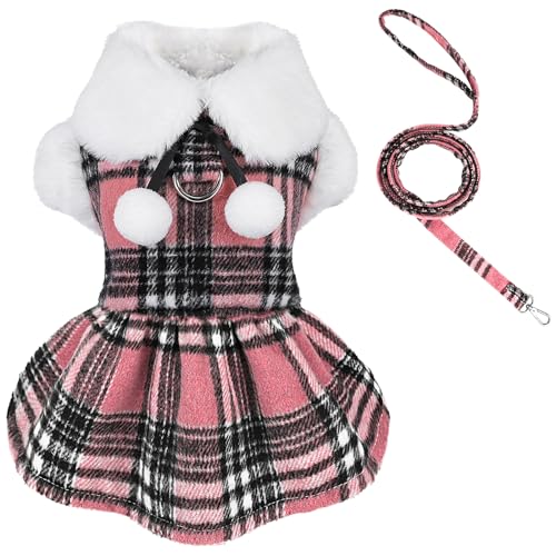 Kariertes Hundegeschirr-Set mit Kleid und Leine, Fleece-Hundepullover für kleine Hunde und Mädchen, Herbst und Winter, warme Welpenkleidung mit D-Ring, rosa Haustier-Katzen-Outfit von Dosuyi