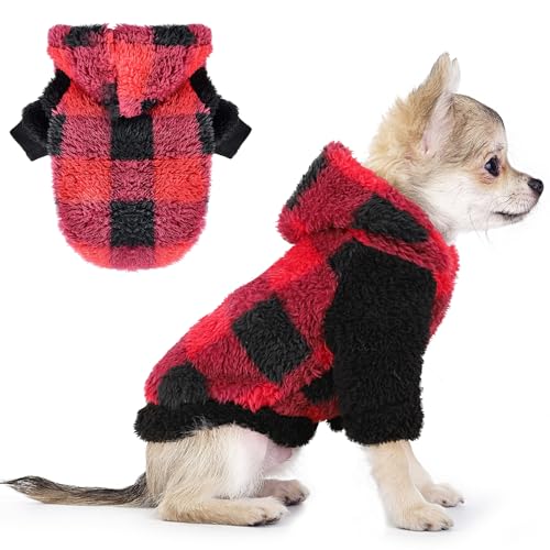 Fleece-Hunde-Kapuzenpullover, Haustierpullover für kleine Hunde, Winter, niedlich, warm, Welpen, Chihuahua, Haustierkleidung für Chihuahua, Yorkie, Teetasse, Katzenbekleidung (kariert, Rot, Größe M) von Dosuyi