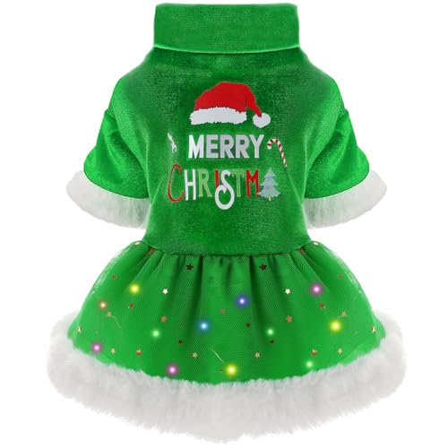 Weihnachtskleid für Hunde, Weihnachtspullover für Hunde, LED-Licht, Weihnachts-Outfits, Tüllkleid, Hundekleidung für kleine Hunde und Mädchen, leichte Samt-Welpenkleider, Haustier-Katzenbekleidung (S, von Dosuyi