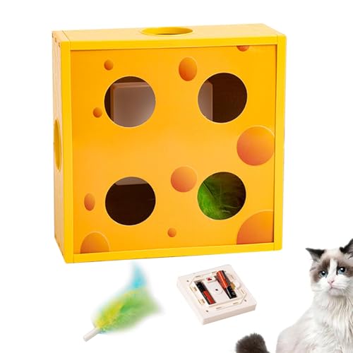 Dottduya Katzenpuzzlespielzeug, Katzenspielzeug mit automatischer Erkennung,Interaktive Feder-Käse-Box | Interaktives Katzenspielzeug, Federrotation im Lochlabyrinth, lustiges Katzenfederspielzeug, von Dottduya