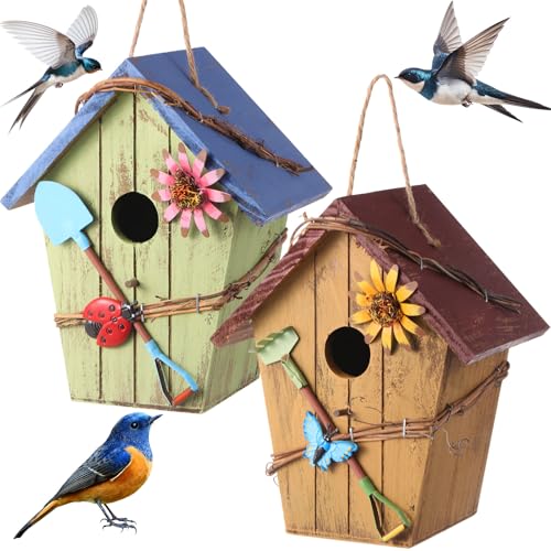 DoubleFill 2 Stück dekoratives Vogelhaus für den Hof draußen hängende Vogelhäuser aus Holz, handbemalte Vogelbox für Vogelliebhaber, Blauvögel, Baum, Schwalbe, Finken, Wildvögel, Zaunkönig, Küken, von DoubleFill