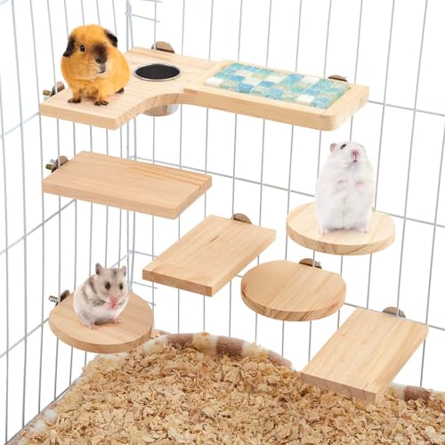 DoubleFill Set mit 9 Holz-Hamsterkäfig-Plattform-Chinchilla-Ländern und L-förmigem rundem Loch, Rattenkäfigzubehör mit kühlendem Stehbrett, Futterbecher für Eichhörnchen, Rennmäuse, Meerschweinchen, von DoubleFill