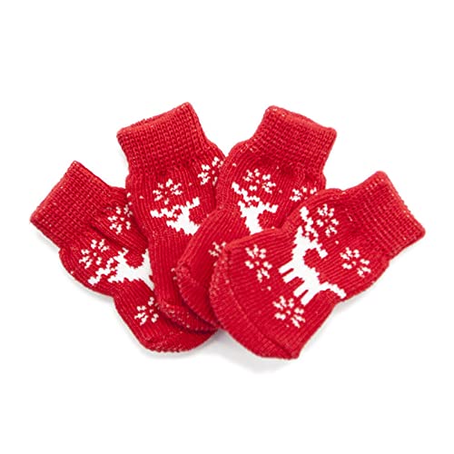 Indoor Anti-Rutsch Socken für Hunde und Katzen Anti-Rutsch-Hund Anti-Rutsch-Socken Socken Hund Hundesocken mit Clip Welpen-Innensocken Schutzsocken Hundepfote 4-teiliges Set Hausschuhe (c-RED B, M) von Doublehero